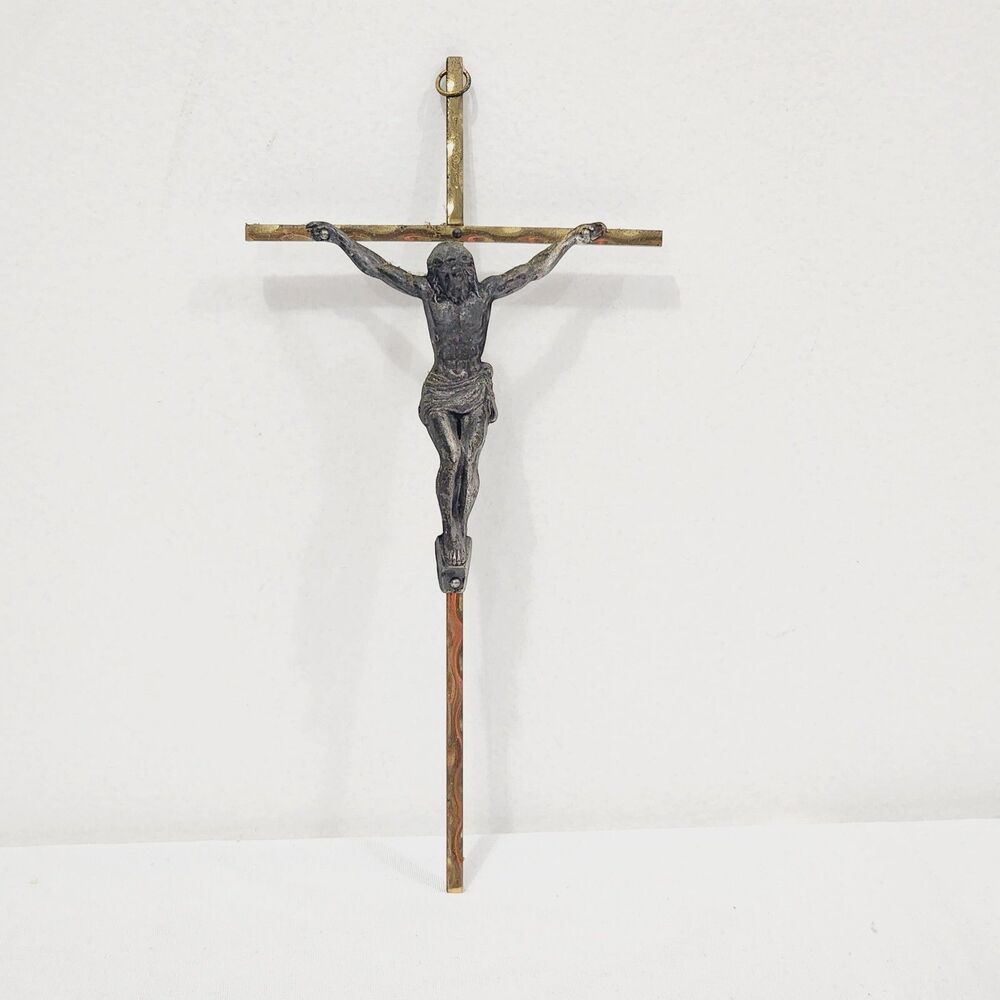 Vtg Mid Century Modernist Brass Wood Wall Crucifix Brutalist Cross Jesus Corpus